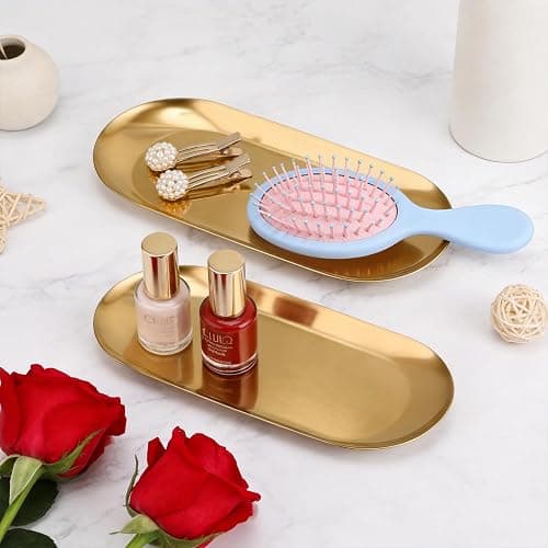 Vaincre Gold Decorative Jewelry Tray - 2PCS Stainless Steel Oval Trinket Ring Holder Dish, 7” Small Bathroom Vanity Kitchen Jewelry Plate Tray Decor for Storing Perfumes, Cosmetics, Candles, Key thumbnail 5