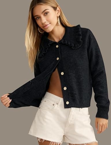 InterNos Womens Y2k Ruffled Collar Cardigan Sweaters Classic Button Down Long Sleeves Fall Sweater Crop Tops thumbnail 5