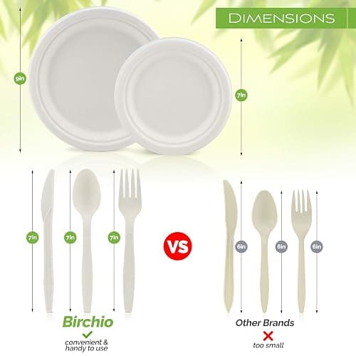 250 Piece Biodegradable Paper Plates Set (EXTRA LONG UTENSILS), Disposable Dinnerware Set, Eco Friendly Compostable Plates & Utensil include Plates, Forks, Knives and Spoons for Party thumbnail 3