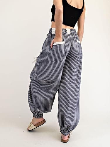 Yinawsky Women Drawstring Striped Pants Loose Wide Leg Casual Lounge Pants with Pockets thumbnail 2