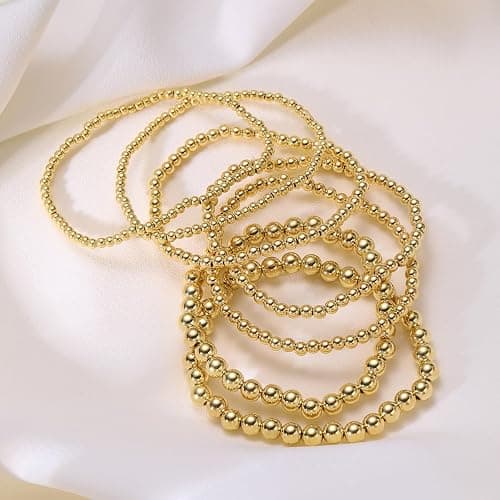 Kysin Chiys Gold Beaded Bracelets Adjusatable 14K Gold Plated Stackable Bracelets Stretch Bead Ball Bracelet Set for Women 3MM 4MM 6MM 8MM Beads Jewelry thumbnail 4
