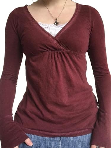 Women Fairy Grunge Wrap V-Neck Tops Long Sleeve Slim Fit Aesthetic Top Y2K Shirts Streetwear - Image 1