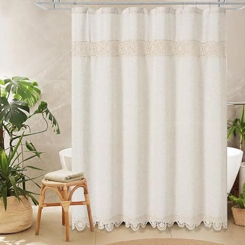 Gibelle Boho Farmhouse Shower Curtain Set, Linen Cotton Fabric Shower Curtain with Macrame Lace Decor, Modern Bohemian French Country Chic Bathroom Curtain with PEVA Liner 72x72 - Beige/Cream thumbnail 7