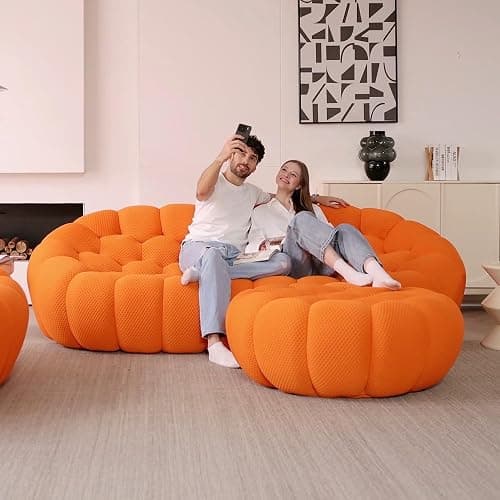 Bubble Couch, Lazy Floor Sofa, Oversized Bubble Sofa, Modern Upholstered Comfy Mesh Fabric 3D Honeycomb Shape Curved Couch for Living Room, Office, Apartment (Orange) - 41"+49"+78"+98" - Orange thumbnail 7