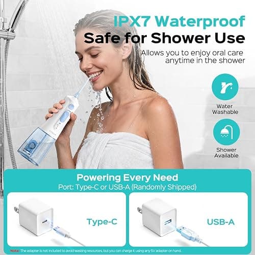 COSLUS C51 Portable Water Flosser for Teeth: 3 Modes & 6 Pressure Settings with Jet Mode Water Dental Pick for Orthodontic, Braces, Sensitive Gums, Compact for Travel, 300ML for Multiple Users, White thumbnail 8