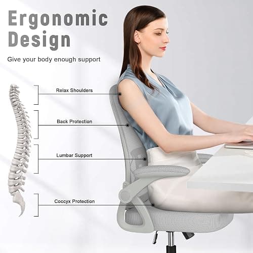 naspaluro Ergonomic Office Chair, Mid Back Desk Chairs with Adjustable Height, Swivel Chair with Flip-Up Arms and Lumbar Support, Breathable Mesh Computer Chair for Home/Study/Working, Grey thumbnail 5