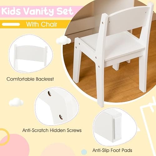Costzon Kids Vanity with Lights, 2 in 1 Princess Makeup Desk & Chair Set with Lighted Mirror, Drawer, Storage Shelves & Cabinet, Toddler Dressing Table, Vanity Set for Little Girls, White thumbnail 7