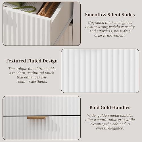 BONITURE Led Fluted Nightstand, Curved Night Stand with Charging Station Lighting, Wood Side Table with 2 Drawers, Modern End Table Storage Cabinet for Bedroom(1, White) thumbnail 7