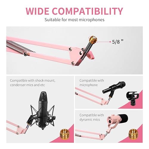 FEELWORLD AMS1 Microphone Boom Arm, Adjustable Mic Arm Stand with 3/8” to 5/8” Screw, Compatible with PM1 and other Mics for Podcast Straming Gaming Studio （Pink) thumbnail 3