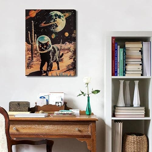 Ijeroain Black Space Cats Wall Art Funny Cat Wall Decor Pictures Cat astronaut painting artwork Cosmic planet Whimsical Print for Boys and Girls Room Bedroom home decoration 16x24in Canvas thumbnail 5