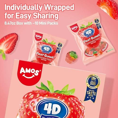 AMOS 4D Gummy Candy Strawberry Burst Candy– Fruity, Jelly-Filled, Natural Flavor – 240g Box (Pack of 10) thumbnail 4