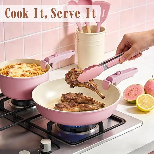 Umite Chef Pots and Pans Set Non Stick, 21 pcs Nonstick Ceramic Cookware Set, RV Kitchen Cooking Set with Detachable Handles, Oven Safe, Induction Cookware, Stackable, Pink, PFAS PFOA & PTFE Free thumbnail 8