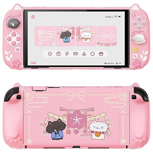 PlayVital Cherry Blossoms Kitten Protective Case for Nintendo Switch 2 with Stand | Cute Cat Ear & Paw Silicone Grips, Dockable Hard Shell, 2 Joystick Caps | Full-Body Protection Cover, Pink - Image 1