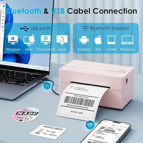 KNAON Bluetooth Thermal Shipping Label Printer, 4x6 Portable Thermal Address Label Printer for Small Business, Compatible with iPhone,Android,Windows,Mac,–Works with Etsy Shopify USPS&More, Pink thumbnail 2