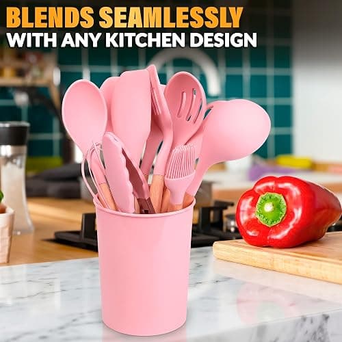 Kitchen Utensils Set with Holder for Nonstick Cookware - 12 Pcs Pink Silicone Cooking Utensils Set, Kitchen Tools for Daily Cooking - Wooden Handle Cooking Tools for Baking Serving and Mixing Tasks thumbnail 8