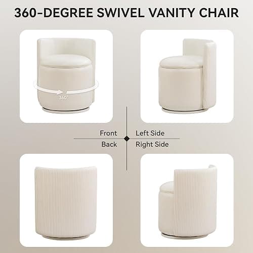 WUTUTUEE Leather Vanity Chair with Storage, 360° Swivel Makeup Chair with Pleated Back, No Assembly Small PU Accent Stool for Bedroom, Dressing Room, Living Room, White thumbnail 6