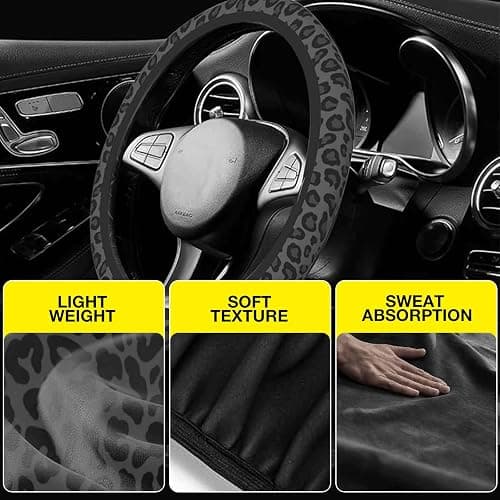 Black Leopard Print Steering Wheel Cover for Women, Universal Fit 14.5-15 Inch with Non-Slip Grip and Thermal Control, Includes 2 Ceramic Absorbent Cup Coasters, Compatible with Cars, SUVs, Trucks. thumbnail 3
