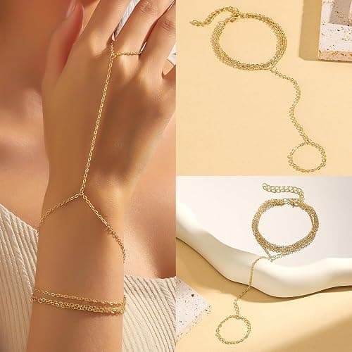 YixNahz 6 Pieces Gold Finger Ring Bracelet for Women Trendy 14k Gold Plated Womens Adjustable Cute Rings Hand Chain Link Bracelets Set for Women Jewelry Gifts Daily Accessories on Summer Beach thumbnail 6