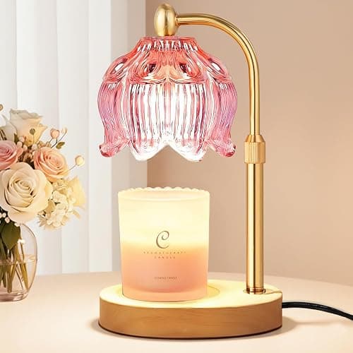 Cinsenten Adjustable Flower Candle Warmer Lamp with Timer, Lotus Tulip Glass Warmer Light for Jar Candles, Electric Wax Warming Melter, Gifts for Women Mom, Vintage Bedroom Decor (Pink) - Image 1