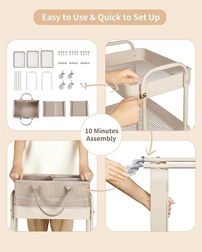 Fortella Nappy Caddy Organizer, 3-Tier Storage Trolley on Wheels, Bedroom Storage Baby Essentials for Newborn Nursery Changing Table, Easy Assembly, Portable Nappy Bag, Bathroom Kitchen Trolley(Brown) thumbnail 6