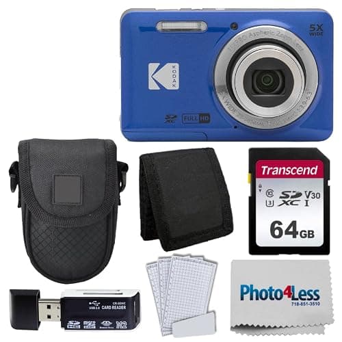 Kodak PIXPRO FZ55 Digital Camera (Blue) + Black Point & Shoot Camera Case + Transcend 64GB SD Memory Card + Tri-fold Memory Card Wallet + Hi-Speed SD USB Card Reader + More! - Image 1