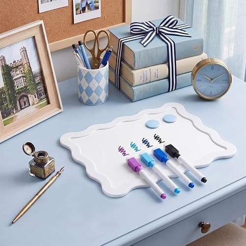 Gueevin White Small Scalloped Magnetic Dry Erase Whiteboard, 7" x 9" | Locker Fridge Whiteboard with 4 Markers & 2 Magnets, Cute Mini Dry Erase Board for School Office Home thumbnail 2
