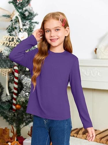 Haloumoning Girls Long Sleeve T Shirts Kids Fall Tops 5-14 Years | Crewneck, Basic Tees,Solid Color,Fashion Clothes thumbnail 4