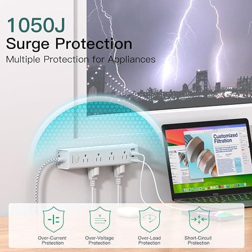 Surge Protector Power Strip - 10 FT Extension Cord, Power Strip with 12 Widely AC Outlet 4 USB, Flat Plug Wall Mount Overload Protection, 1050J, Desk Charging Station for Home Office, ETL Listed,White thumbnail 5