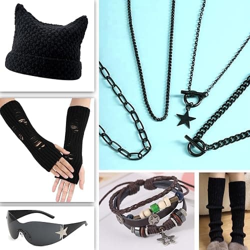 6PCS Therian Stuff,Y2k Jewelry Set with Grunge Necklace,Fingerless Gloves,Knitted Emo Beanie, Bracelet,Glasses,Leg Warmers thumbnail 4