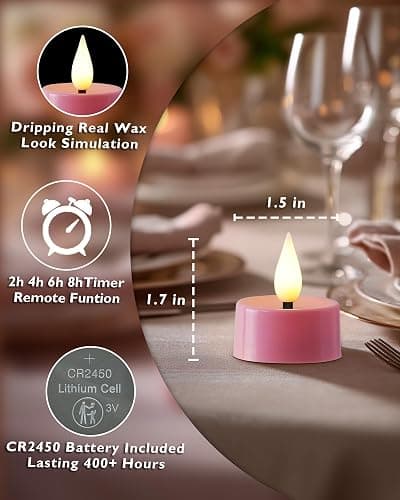 Amagic Flameless Pink Timer Remote Tealights Candles, 3D Black Wick Flickering Tea Light, 300+Hour Colored Votive Candles Battery Operated, Set of 12 for Romantic Wedding Decor, Baby Showers, Proposal thumbnail 2
