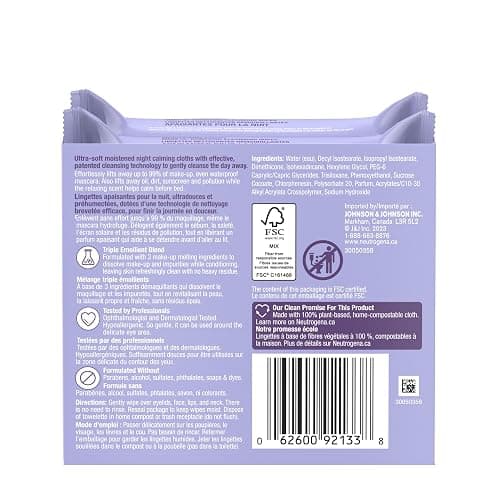 Neutrogena Night Calming Makeup Remover Face Wipes, 100% Plant-Based Cloth Hypoallergenic Nighttime Cleansing Towelettes, Remove Waterproof Makeup, Dirt & Oil, Dermatologist Tested, 50 Count (2 x 25 Count) thumbnail 8