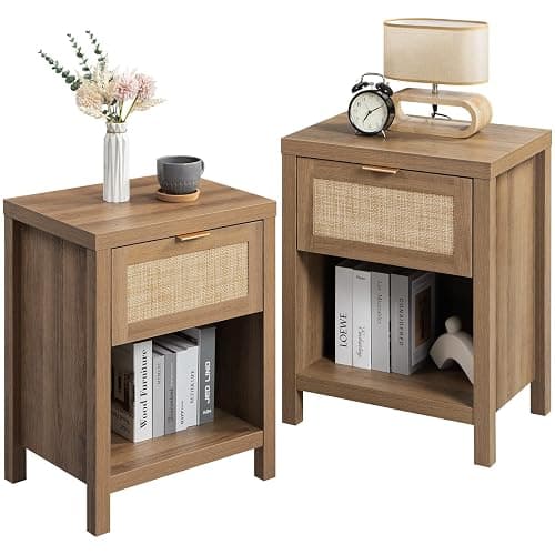 SICOTAS Rattan Nightstands Set of 2 - Farmhouse Night Stand with Drawer and Storage Shelf - Boho Bedside Table End Side Table for Bedroom, Oak - Image 1