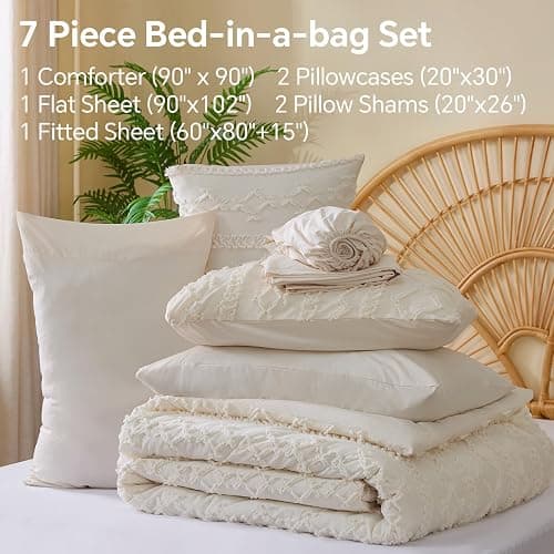 BEDELITE Queen Comforter Set 7 Pieces Cream White - Tufted Boho Bed in a Bag,Farmhouse-Style Embroidery Bedding for All Seasons,Soft Comforter with Sheets, Pillowcases & Shams thumbnail 3