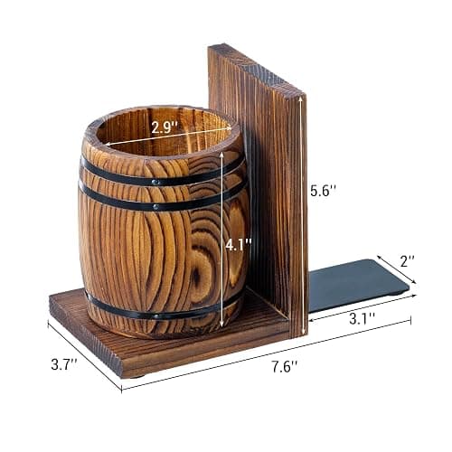 MyGift Wood Decorative Bookends with Pencil Holder, Office Desk Books Ends and Pen Holders as Vintage Wooden Barrels, Heavy Duty Bookends for Shelves, Rustic Burnt Brown Wine Barrel Design,1 Pair thumbnail 2