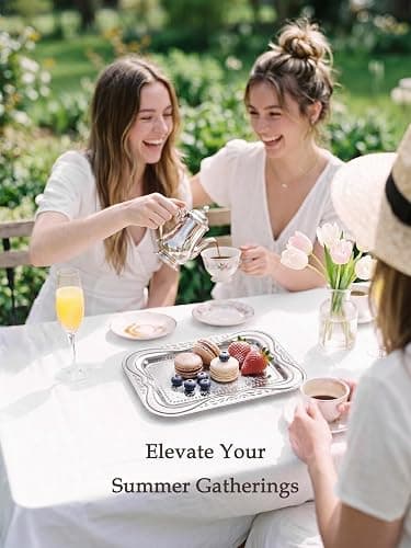 4-Pack Silver Serving Trays Set - ZENOVLUX Lightweight Bow Floral Engraved Mirror Decorative Tray, 13.8" x 8.7" Wedding Party Platters for BBQ, Food, Appetizer, Charcuterie, Cookies, Desserts thumbnail 9