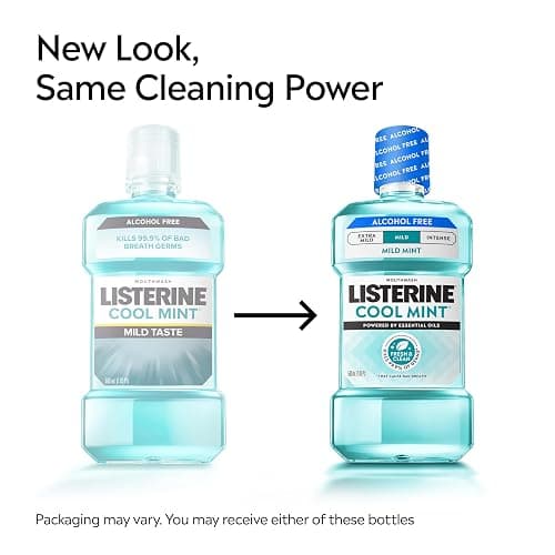 Listerine Cool Mint Alcohol Free Mouthwash, Mild Mint, 33.8 fl. oz/1 L | Kills 99.9% of Germs That Cause Bad Breath, Less Intense Taste with No Burn, Dentist Recommended Oral Rinse thumbnail 2