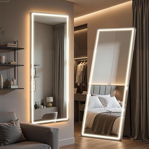Full Length Mirror with Lights, 71" x 26" LED Floor Mirror, Full Body Dressing Standing Mirrors with Dimming & 3 Color Lighting, Hanging Mounted Mirrors for Living Room Bedroom Cloakroom - Image 1