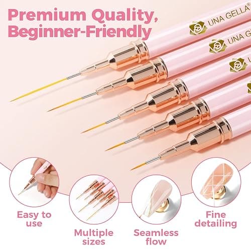 UNA GELLA Nail Art Brushes Metallic, 5 Count Liner Pens Set For Nail Art Gel Polish, Detail Nail Art Design Painting Brush Set For Nails Gel Fine Drawing Nail Tools, Sizes 7/9/11/15/25mm thumbnail 4