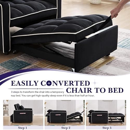 Convertible Sleeper Chair Bed, 3 in 1 Modern Velvet Pull Out Sofa Bed, Small Tufted Single Sleeper Chair with Adjustable Backrest/Pillow for Living Room, Small Spaces, Apartment, Office, Black thumbnail 5