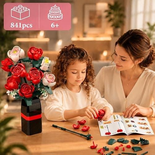 MONOFUN Flower Bouquet Building Set with Vase, 841Pcs DIY Roses Block Kit for Kids Adults, Creative Home Office Decoration, Valentine’s Day Birthday thumbnail 2
