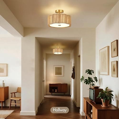 HILUXIA Boho Rattan Ceiling Light Fixture, 3-Light Semi Flush Mount Woven Ceiling Lamp with Gold Canopy, Dimmable Floral Wicker Ceiling Light for Bedroom Dining Room Kitchen Hallway Entryway Foyer thumbnail 6
