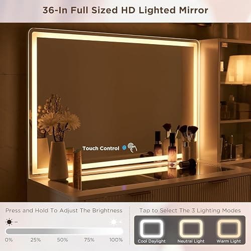 T4TREAM Fluted Makeup Vanity Desk with 36" HD Lighted Mirror, 48" Big Modern Vanity Desk with Mirror and Lights, Dressing Table with 5 Drawers & Shelves, Glass Top for Bedroom (Off White) thumbnail 3