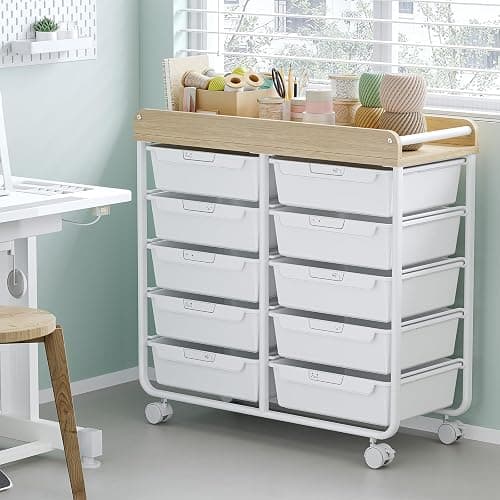 Meuble de rangement à roulettes en plastique avec 10 tiroirs, chariot à roulettes avec tiroirs, chariot de rangement pour salle de bain, cuisine, salon et chambre à coucher, Blanc thumbnail 8