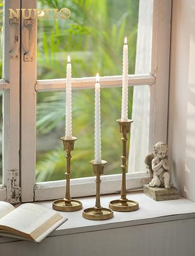 NUPTIO Cast Iron Taper Candle Holders, Set of 3 Antique Brass Candlesticks | Heavy Construction, Vintage Texture, Stable Candle Base, Fireplace Mantel, Table Decor thumbnail 6