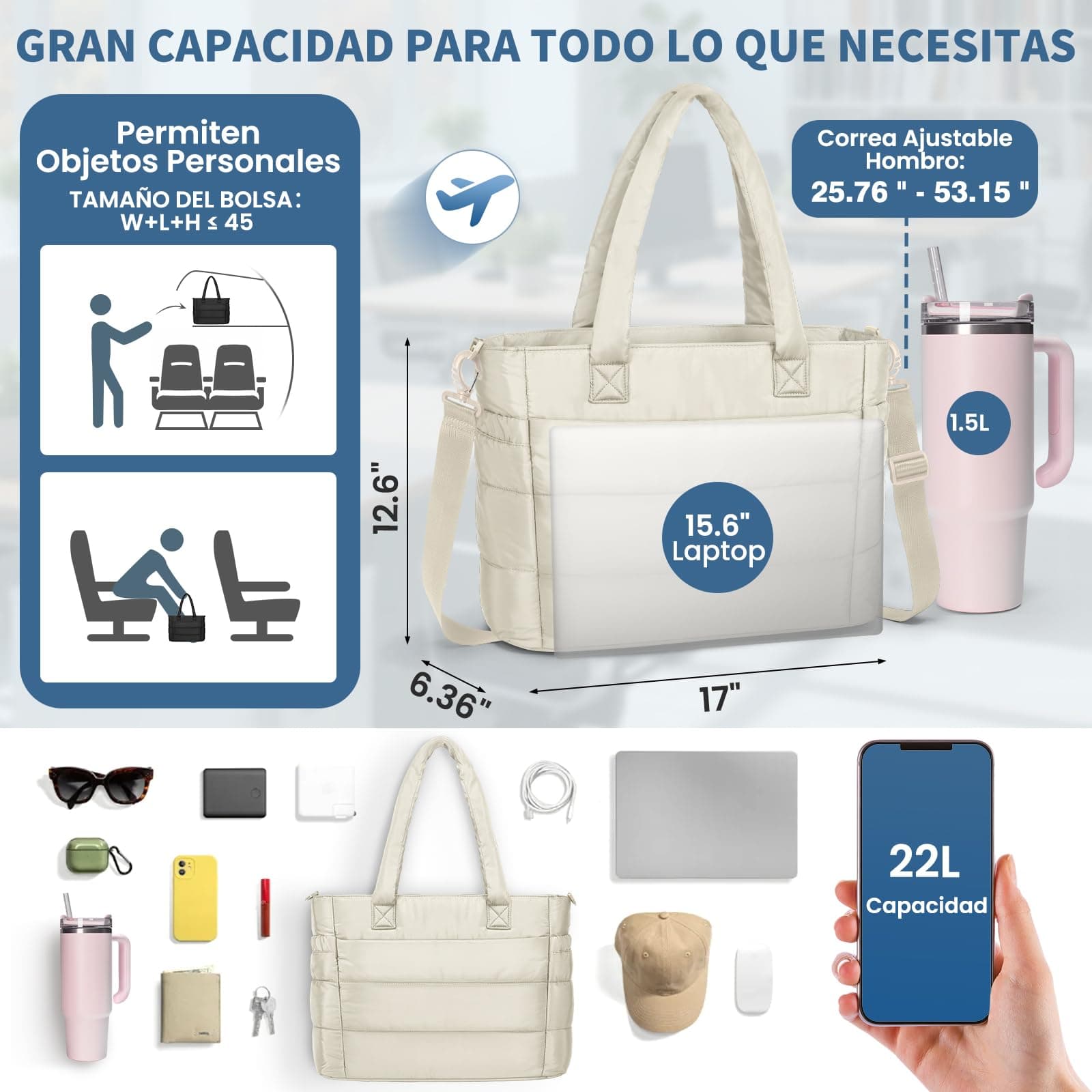 RAINSMORE Tote Bag Mujer Bolsa Tote Mujer Ligero con Compartimiento Laptop 15.6” & Bolsillos Aislantes Bolsas Acolchada Grande Impermeable con Cremallera para Trabajo Viajes thumbnail 5