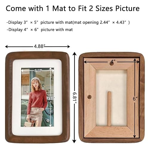 RRQKMBO 4x6 Natural Dark Walnut Solid Wood Picture Frames, Hand Make Crafted Original Wood Frame with Mat to 3x5,Rounded Edge Wooden Photo Frame, For TableTop and Wall Decoration thumbnail 2