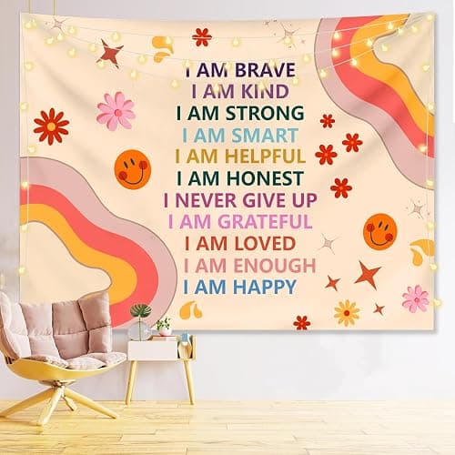 KJHL Rainbow Motivational Tapestry Wall Hanging Quote Positive Affirmations Saying Inspirational Classroom Tapestries Aesthetic Boho Kids Room Decor for Bedroom Living Room Dorm (59" x 79") thumbnail 2