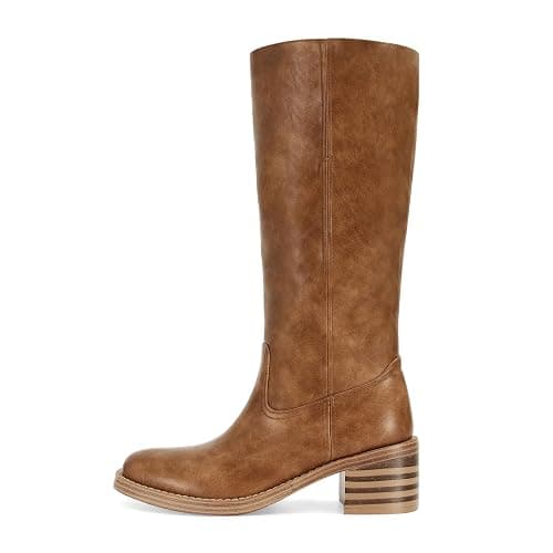 DOEYG Women's Banana Knee High Boots Square Toe Chunky Block Heel Tall Boots Wide Calf Fashion Comfortable Casual Pull on Long Boots - Image 1