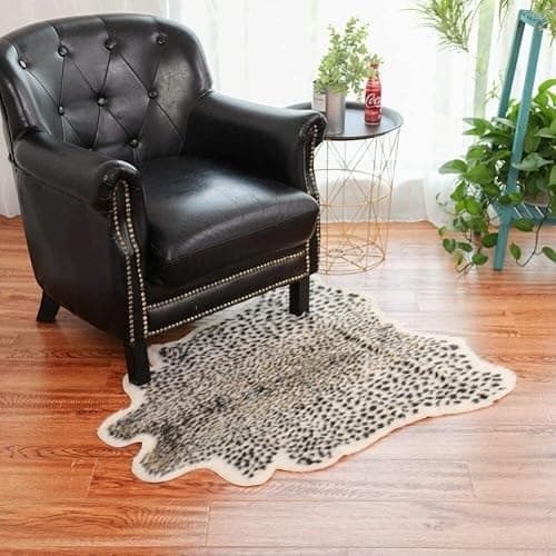 Leopard Print Area Rug Faux Cowhide Skin Fur Non-Slip Cheetah Rug Small Accent Distressed Animal Print Hide Mat Floor Carpet for Door Mat Entryway Bedrooms Laundry Room Decor 3.3x2.95Ft, Leopard thumbnail 6