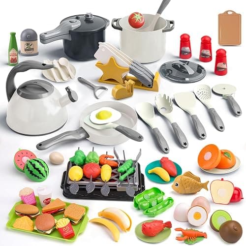Zero Zoo 105Pcs Kids Kitchen Toy Accessories, Toddler Pretend BBQ Camping Cooking Playset, Play Pots, Pans, Utensils Cookware Toys, Play Food Set, Vegetables, Learning Gift for Girls Boys - Image 1
